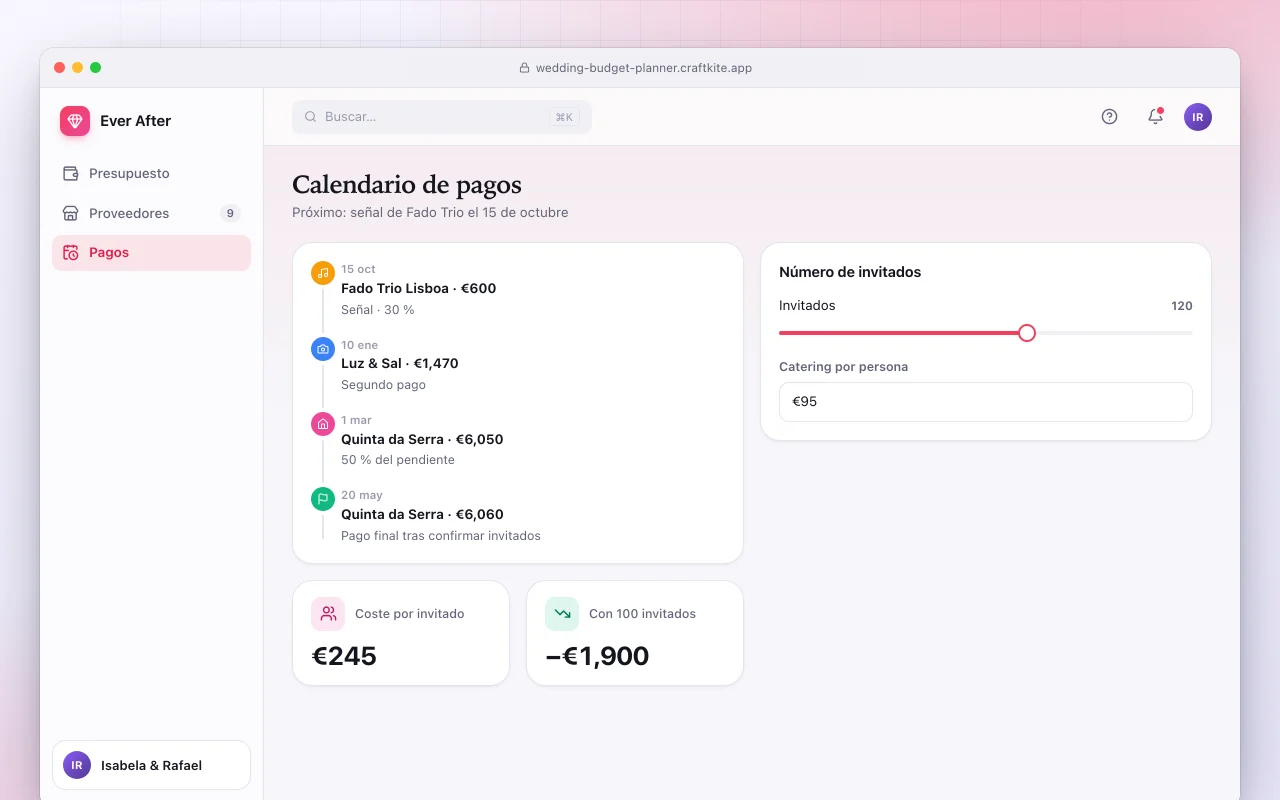 Presupuesto de bodas y eventos: la pantalla Calendario de pagos