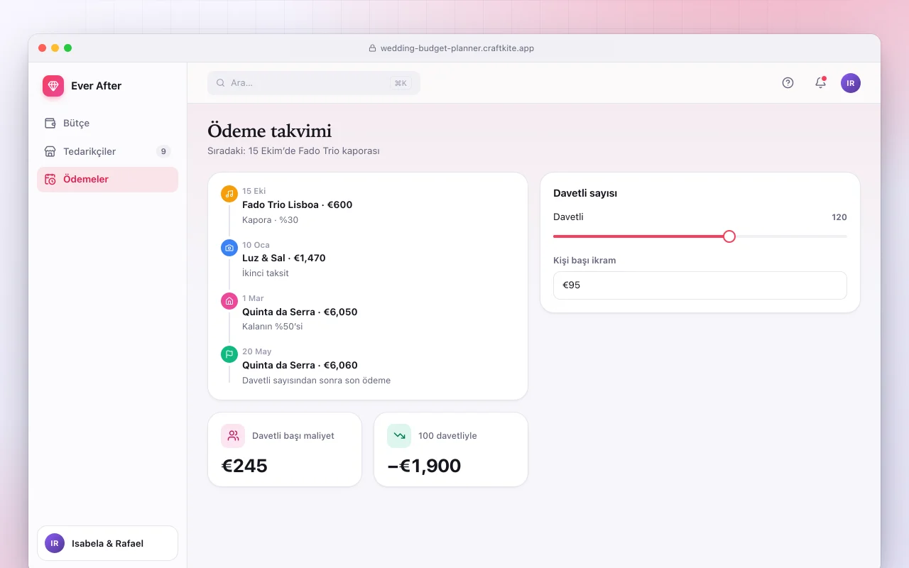 Etkinlik ve düğün bütçe planlayıcı: Ödeme takvimi ekranı