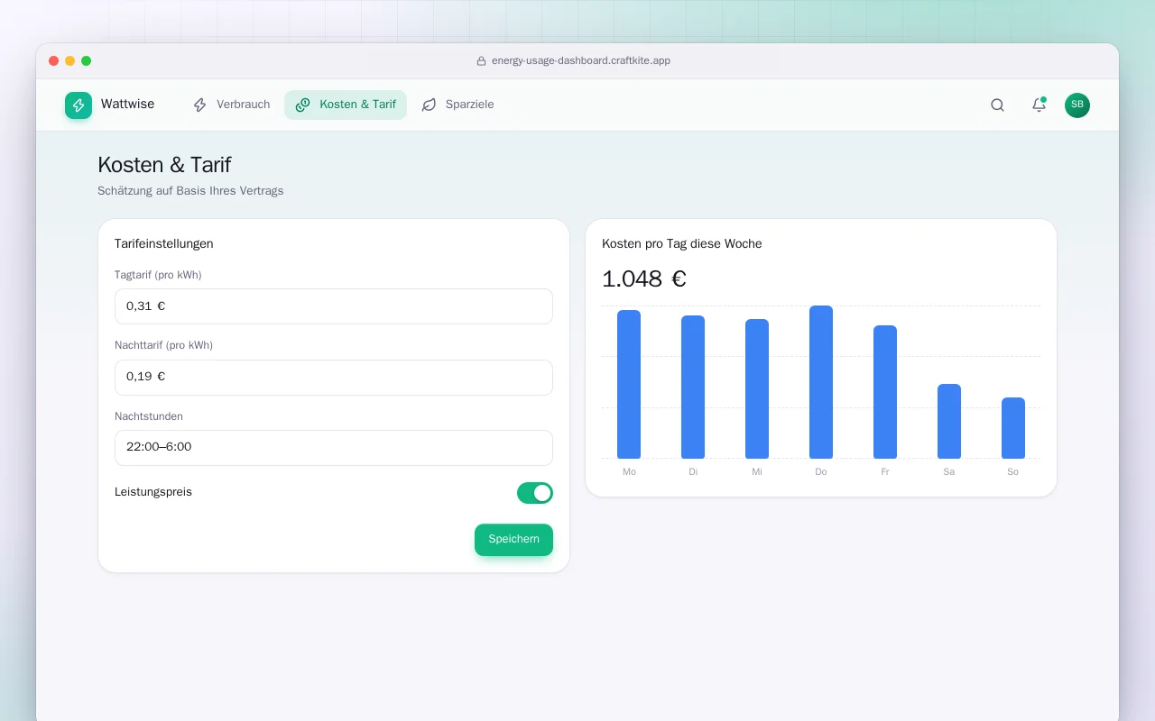 Energieverbrauchs-Dashboard: der Bildschirm „Kosten & Tarif“