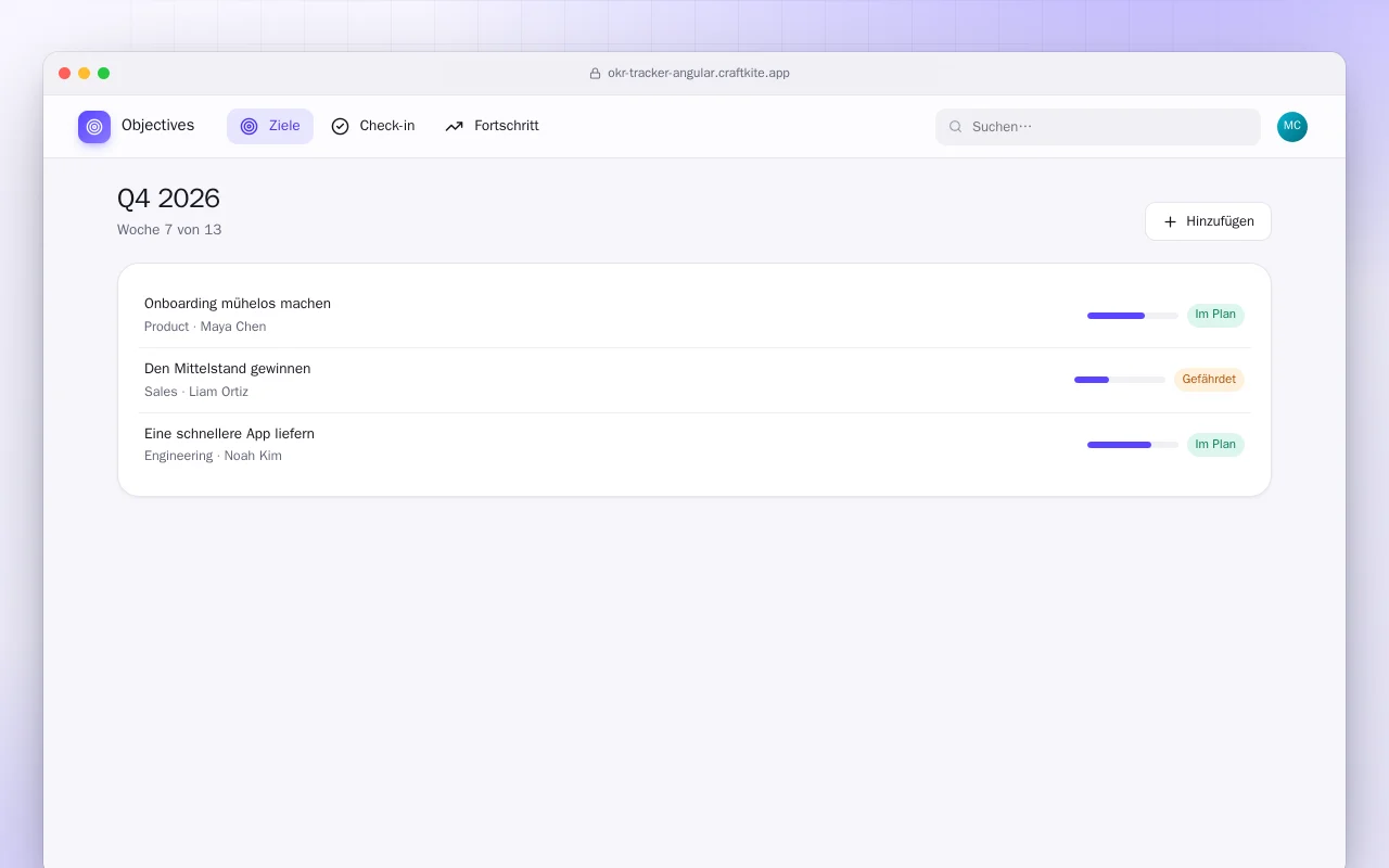 OKR-Tracker (Angular): der Bildschirm „Q4 2026“