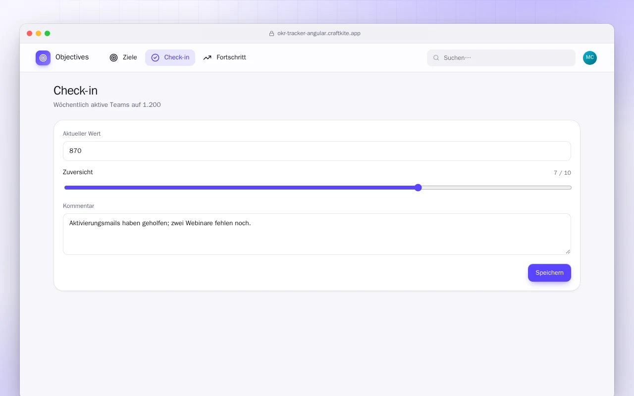 OKR-Tracker (Angular): der Bildschirm „Check-in“