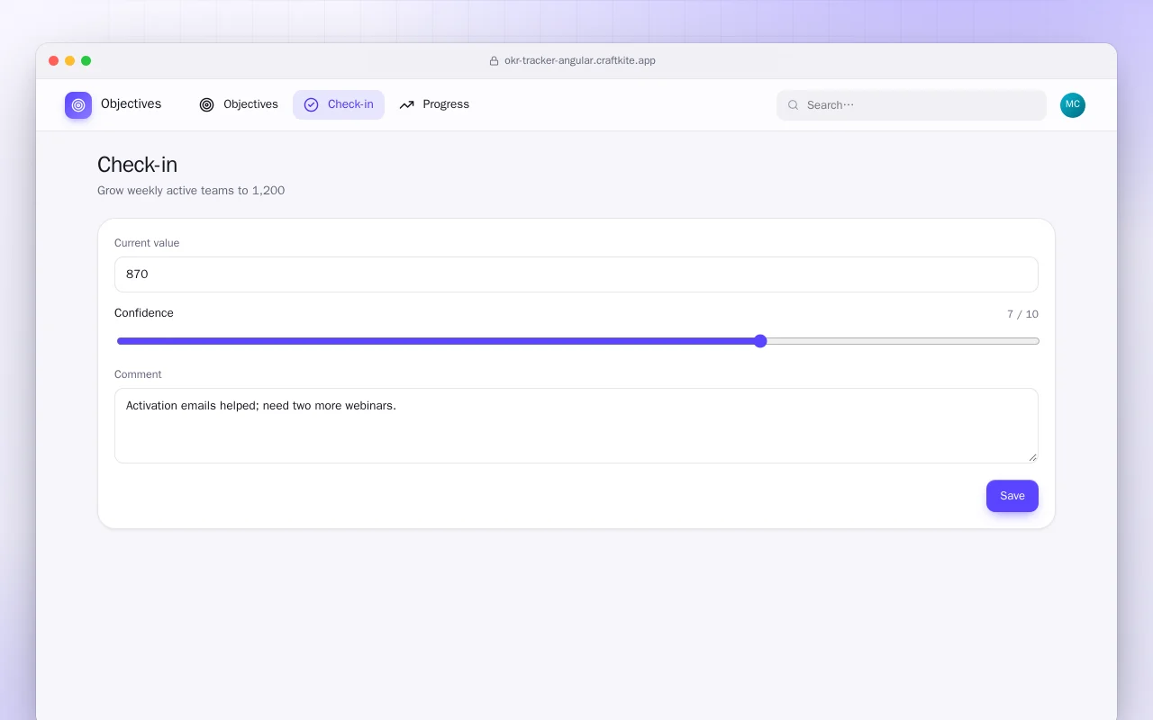 OKR Tracker (Angular): the Check-in screen