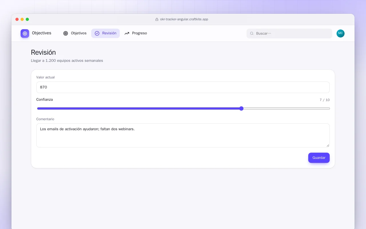 Seguimiento de OKR (Angular): la pantalla Revisión