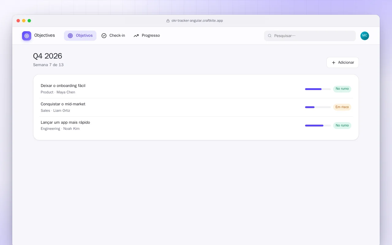 Acompanhamento de OKRs (Angular): a tela Q4 2026