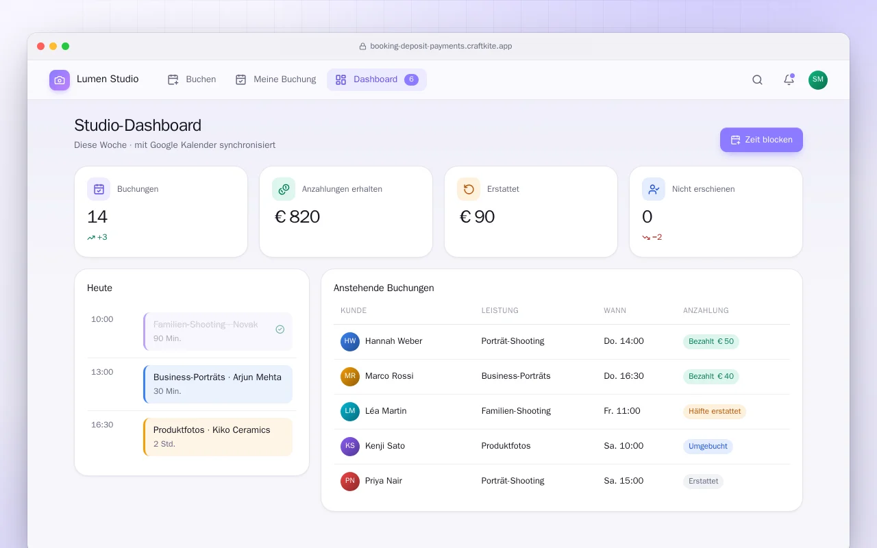 Buchungen mit Anzahlung: der Bildschirm „Studio-Dashboard“