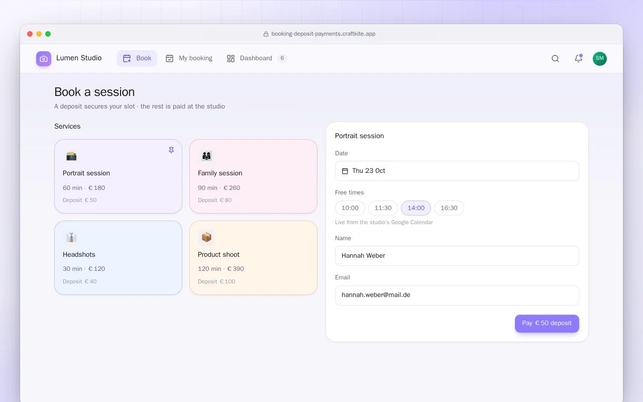 Bookings with deposits: the Book a session screen
