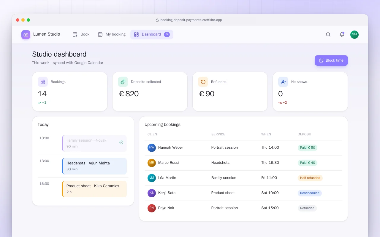 Bookings with deposits: the Studio dashboard screen