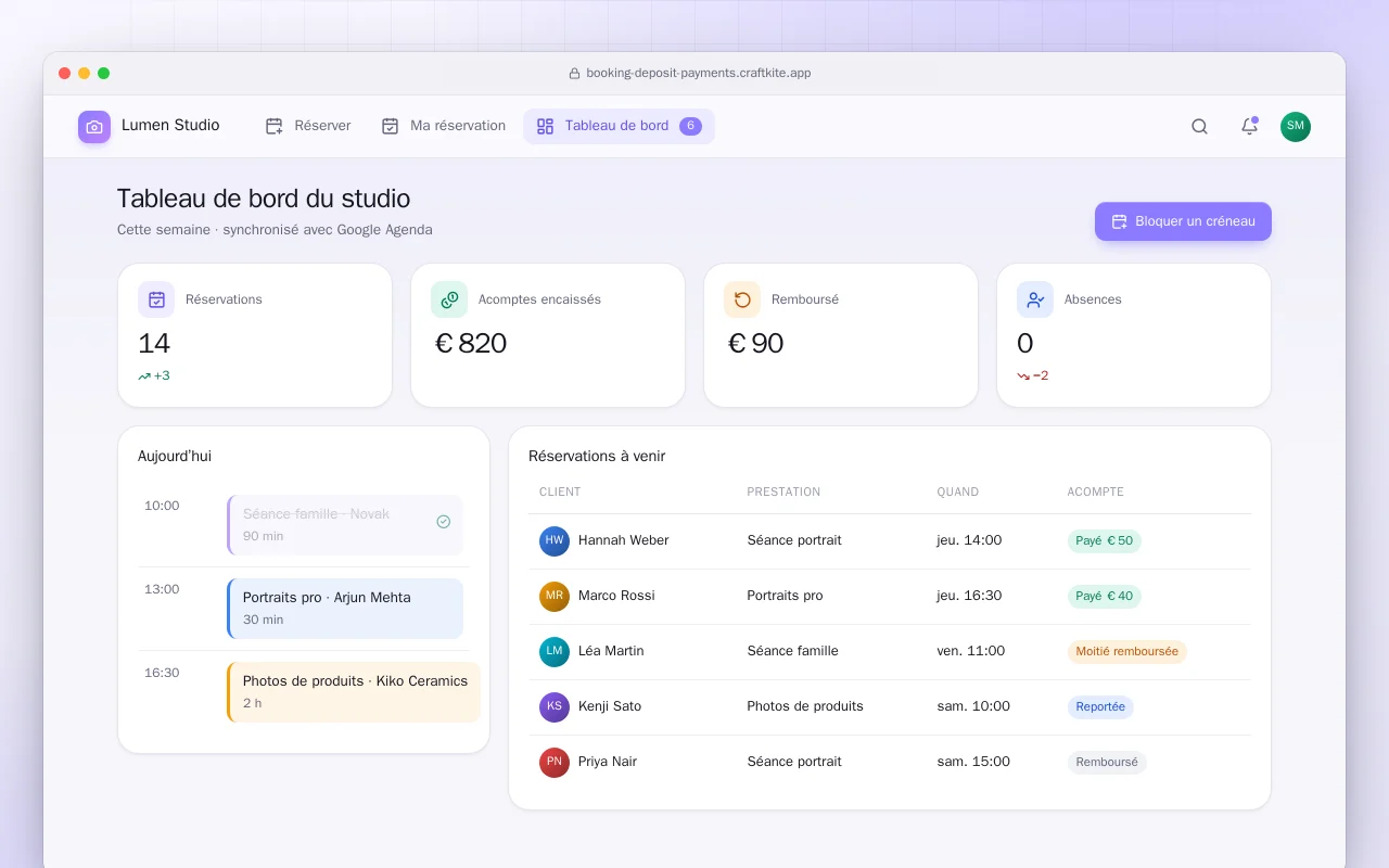 Réservations avec acompte : l’écran Tableau de bord du studio