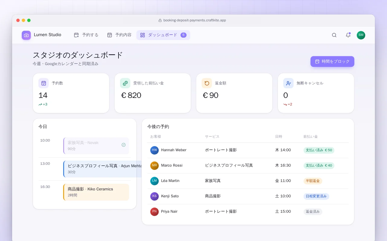 前払い金付き予約システム：スタジオのダッシュボード画面