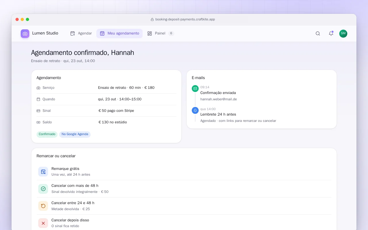 Agendamentos com sinal: a tela Agendamento confirmado, Hannah