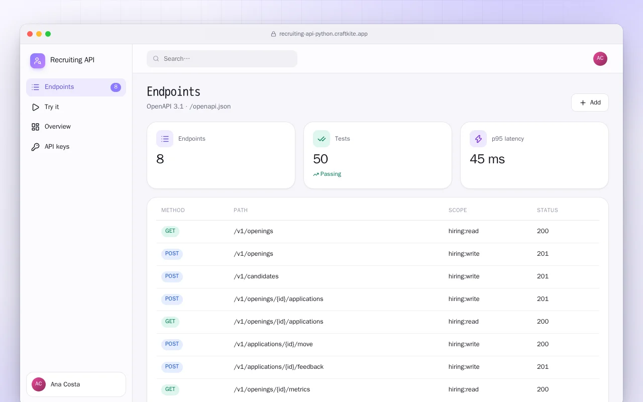 Recruiting API (Python): the Endpoints screen
