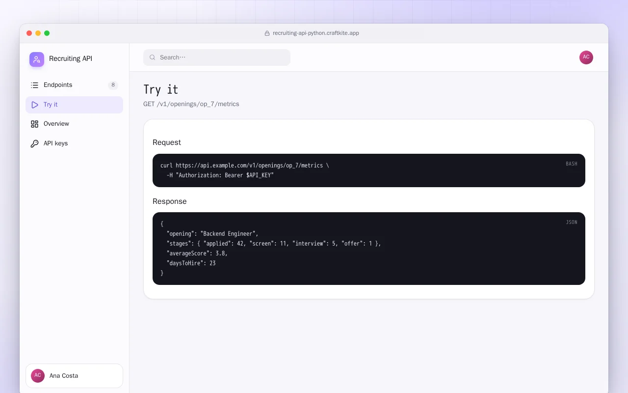 Recruiting API (Python): the Try it screen