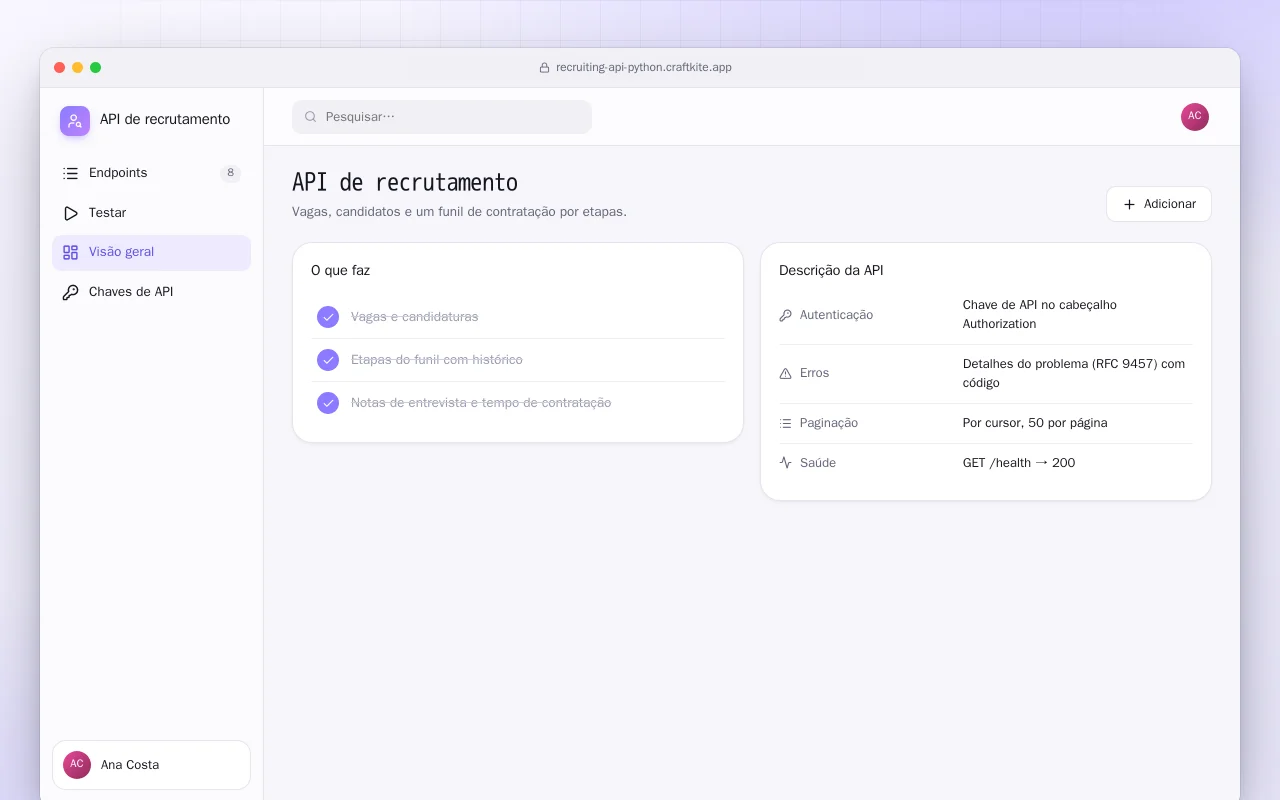 API de recrutamento (Python): a tela API de recrutamento