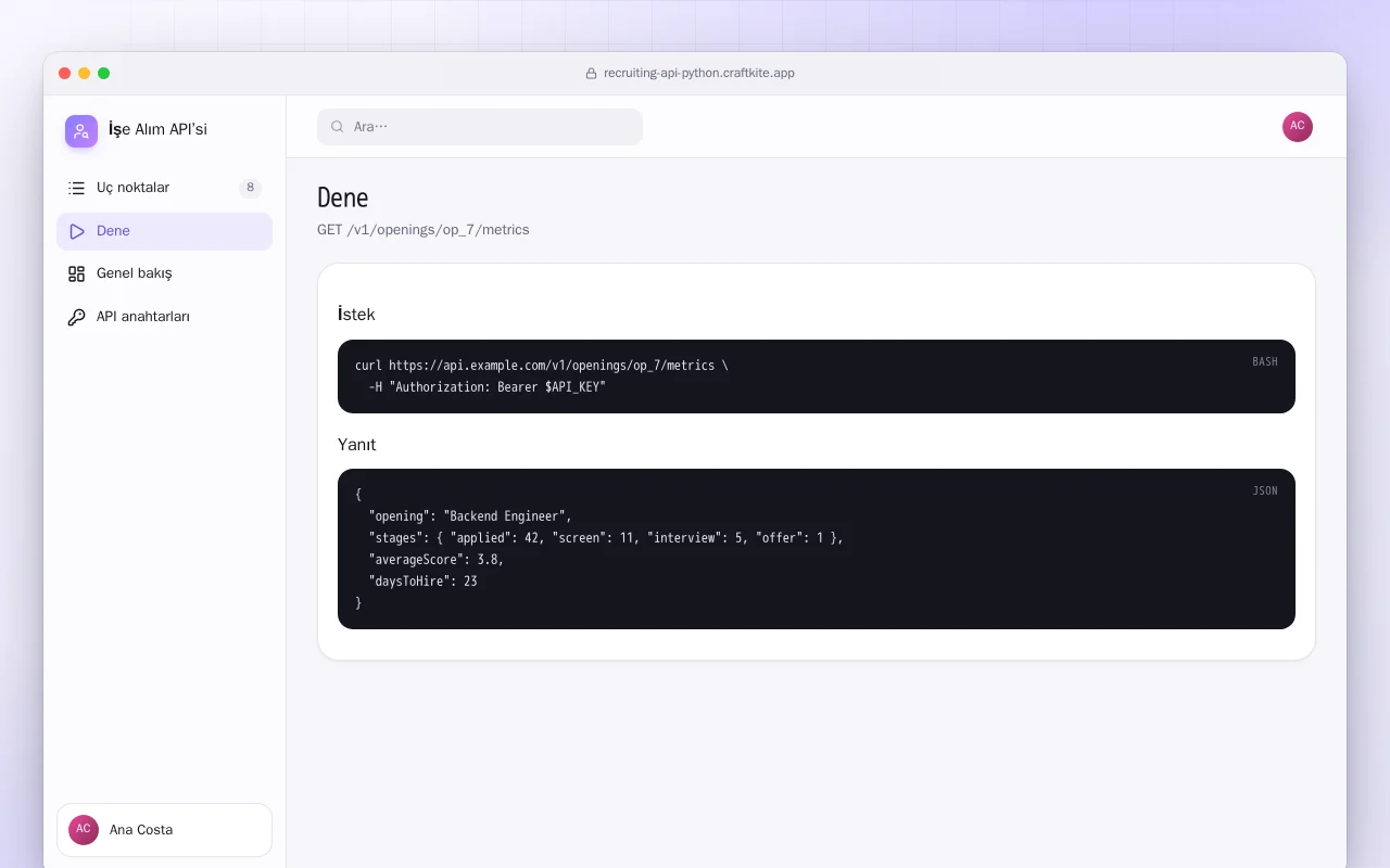 İşe Alım API’si (Python): Dene ekranı