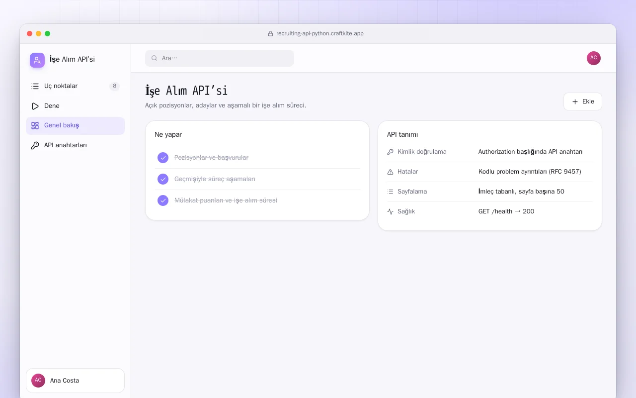 İşe Alım API’si (Python): İşe Alım API’si ekranı