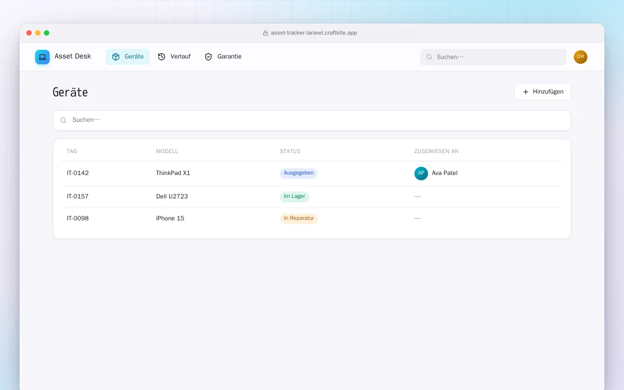 IT-Inventar (Laravel): der Bildschirm „Geräte“