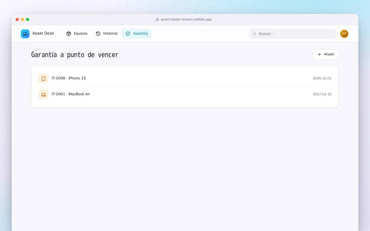 Inventario de equipos TI (Laravel): la pantalla Garantía a punto de vencer