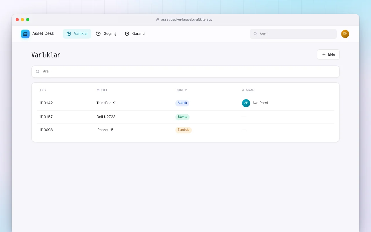 BT Varlık Takibi (Laravel): Varlıklar ekranı