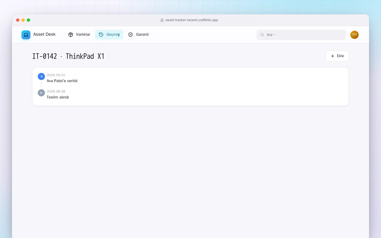 BT Varlık Takibi (Laravel): IT-0142 · ThinkPad X1 ekranı