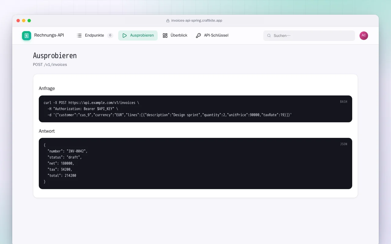 Rechnungs-API (Spring Boot): der Bildschirm „Ausprobieren“