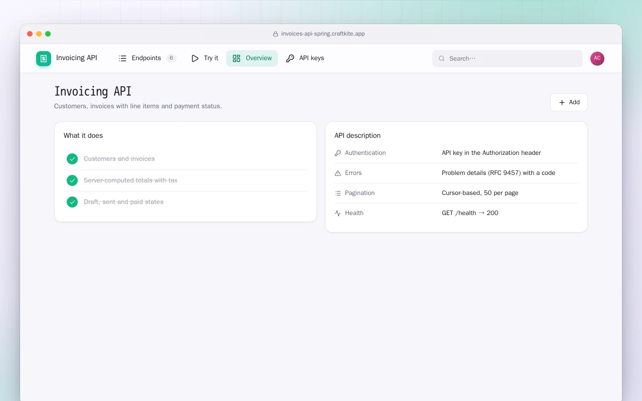 Invoicing API (Spring Boot): the Invoicing API screen