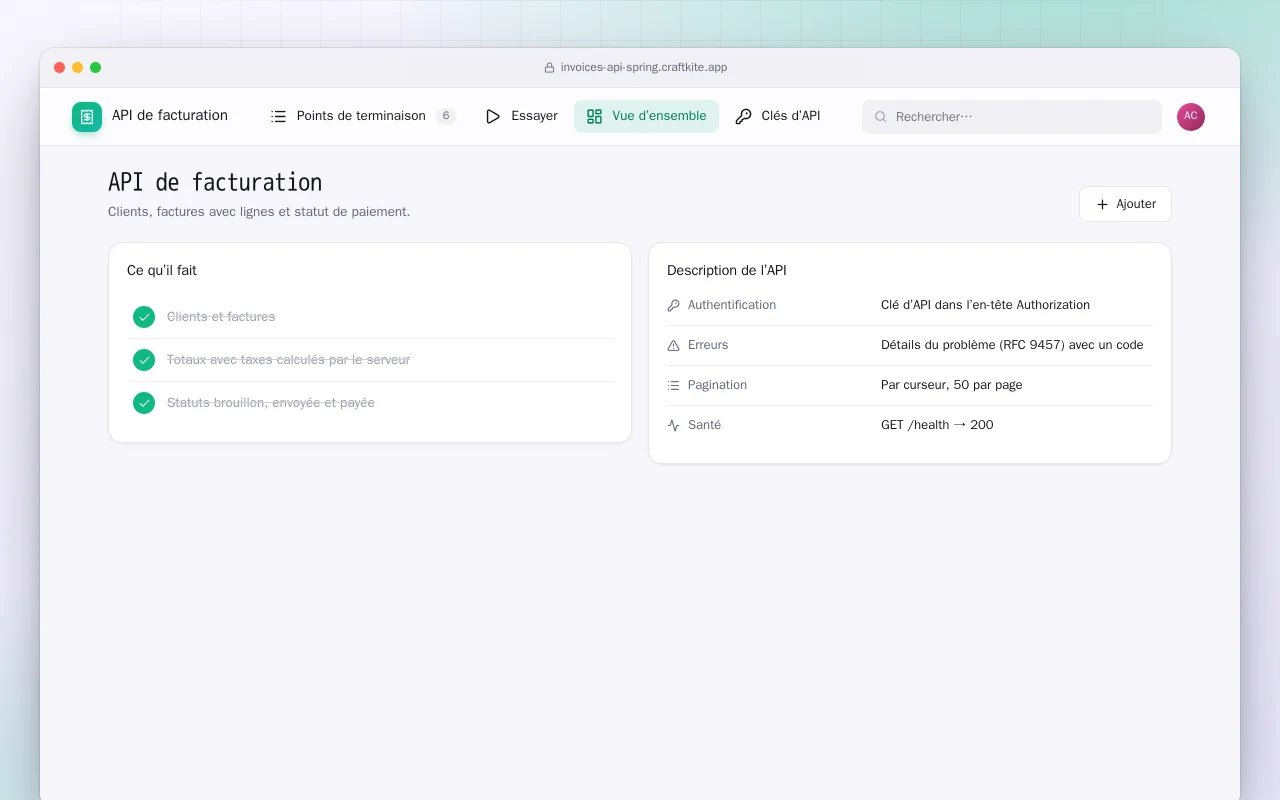 API de facturation (Spring Boot) : l’écran API de facturation