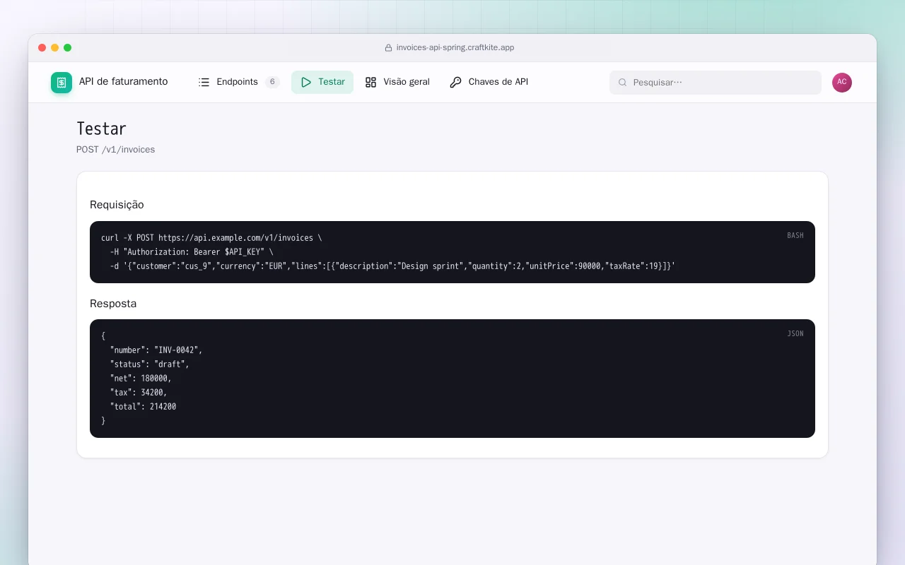 API de faturamento (Spring Boot): a tela Testar