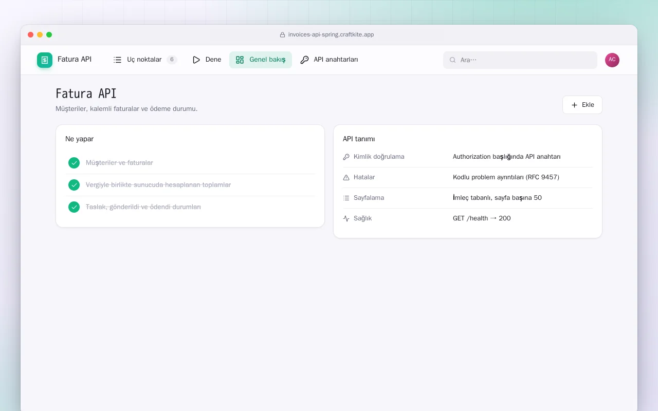 Fatura API (Spring Boot): Fatura API ekranı