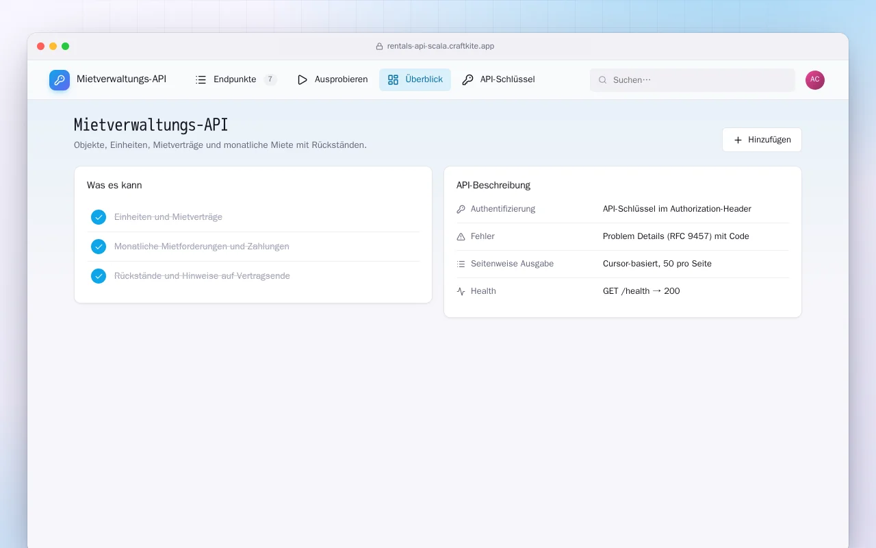 Mietverwaltungs-API (Scala): der Bildschirm „Mietverwaltungs-API“
