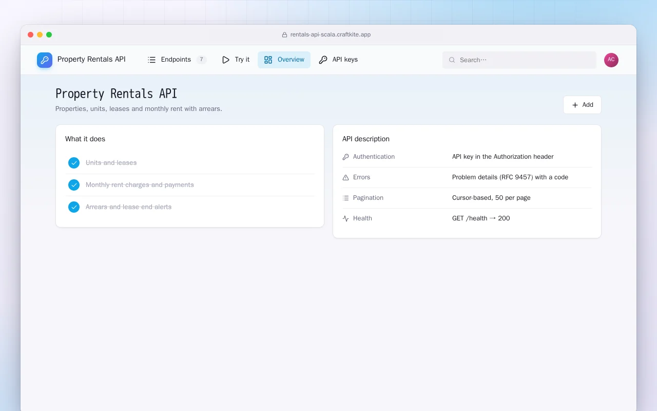 Property Rentals API (Scala): the Property Rentals API screen