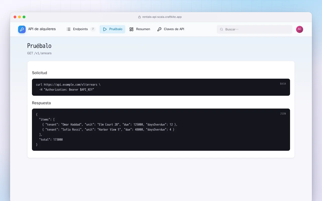 API de alquileres (Scala): la pantalla Pruébalo