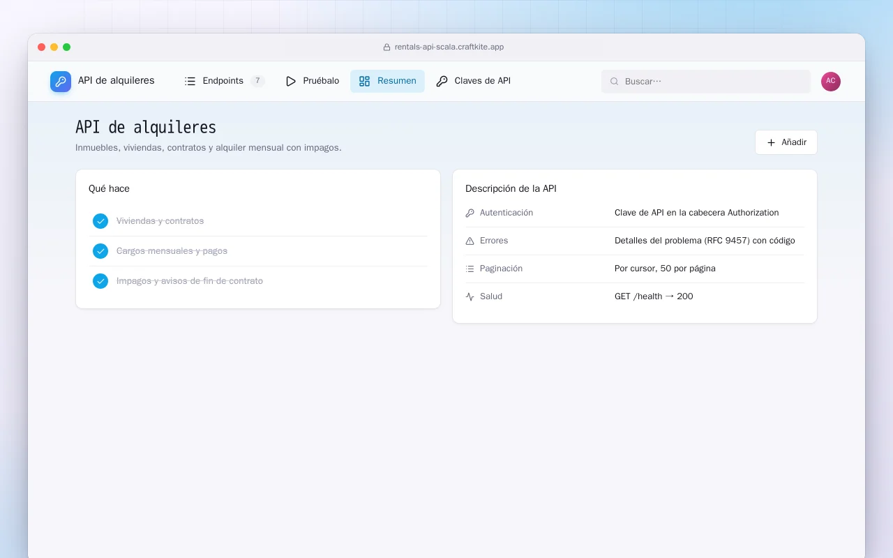 API de alquileres (Scala): la pantalla API de alquileres