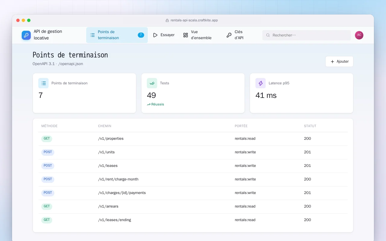 API de gestion locative (Scala) : l’écran Points de terminaison