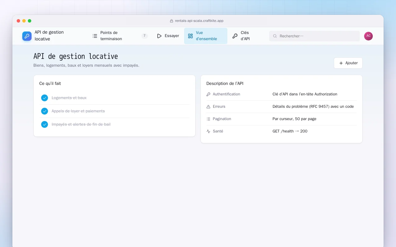 API de gestion locative (Scala) : l’écran API de gestion locative