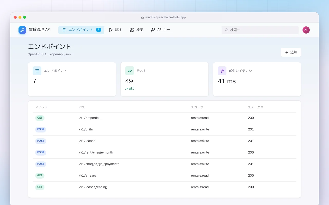 賃貸管理 API（Scala）：エンドポイント画面