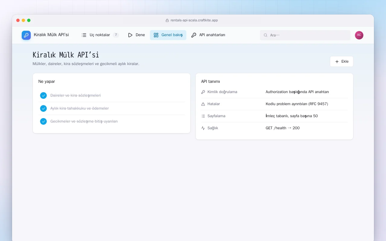Kiralık Mülk API’si (Scala): Kiralık Mülk API’si ekranı
