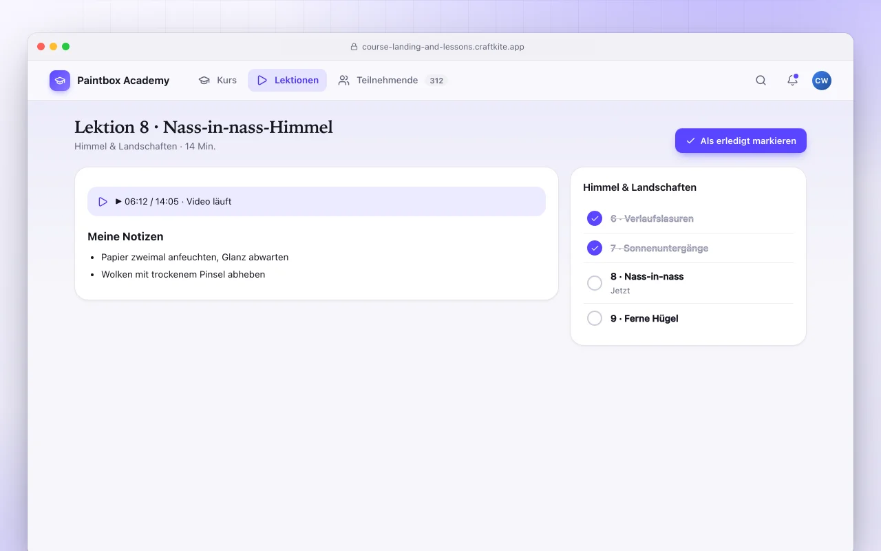 Online-Kursplattform: der Bildschirm „Lektion 8 · Nass-in-nass-Himmel“