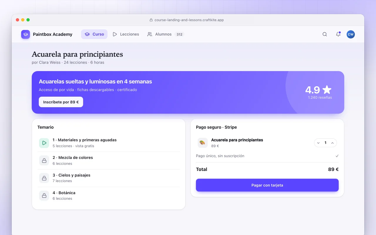 Plataforma de cursos online: la pantalla Acuarela para principiantes
