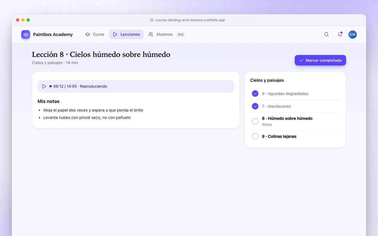 Plataforma de cursos online: la pantalla Lección 8 · Cielos húmedo sobre húmedo