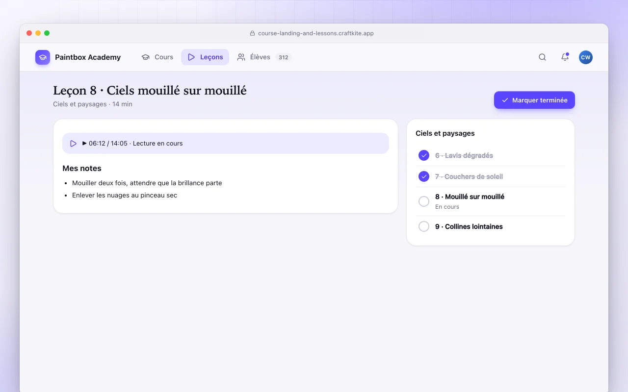 Plateforme de cours en ligne : l’écran Leçon 8 · Ciels mouillé sur mouillé