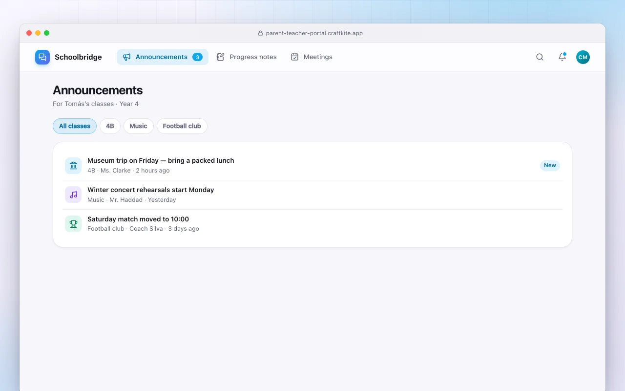 Parent and teacher portal: the Announcements screen