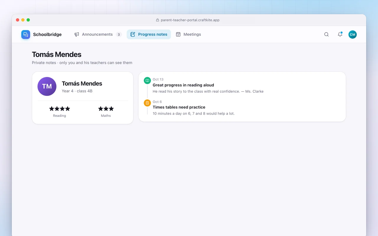 Parent and teacher portal: the Tomás Mendes screen