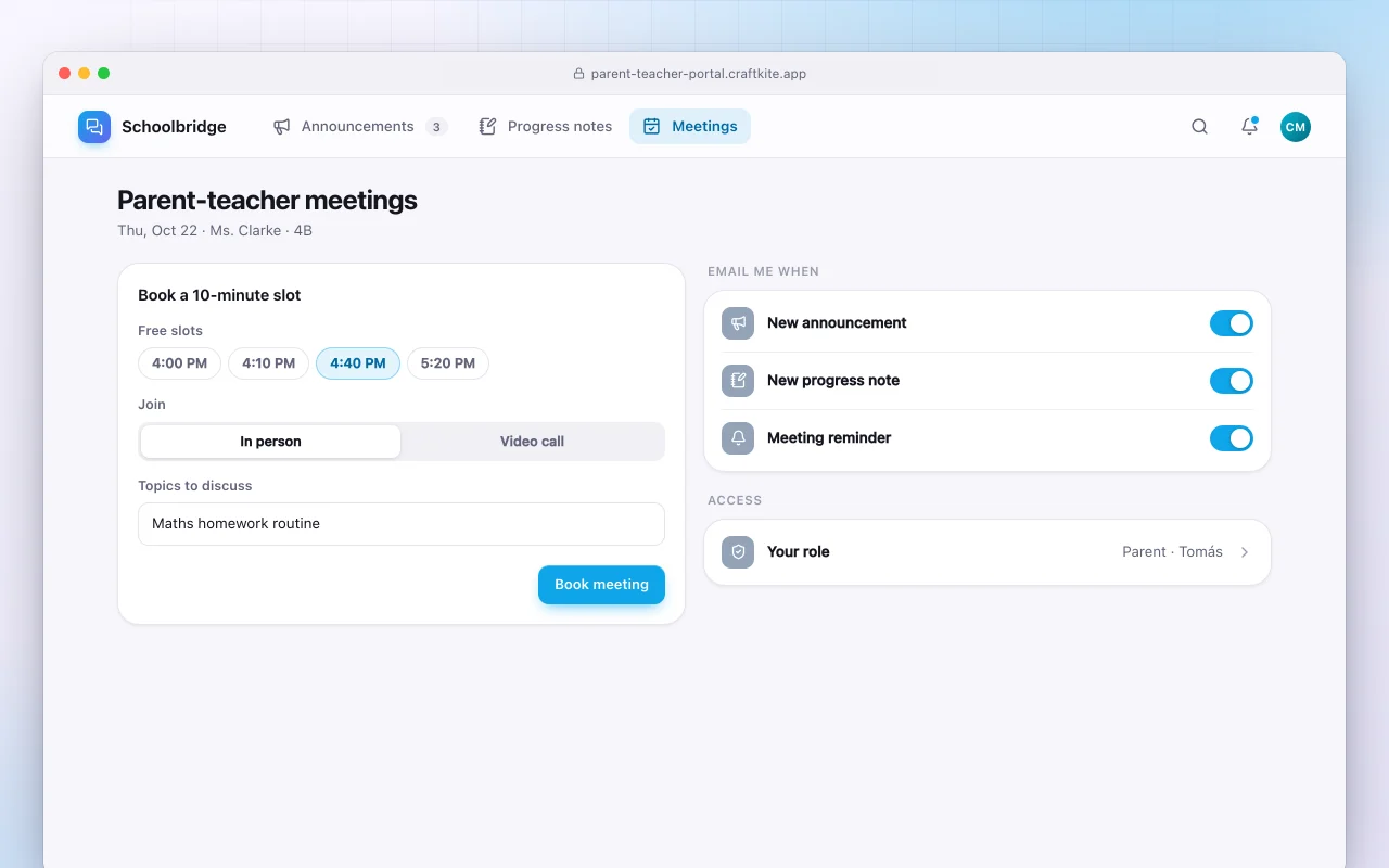 Parent and teacher portal: the Parent-teacher meetings screen