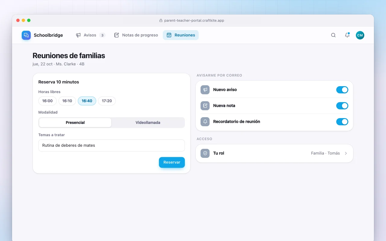 Portal de familias y docentes: la pantalla Reuniones de familias