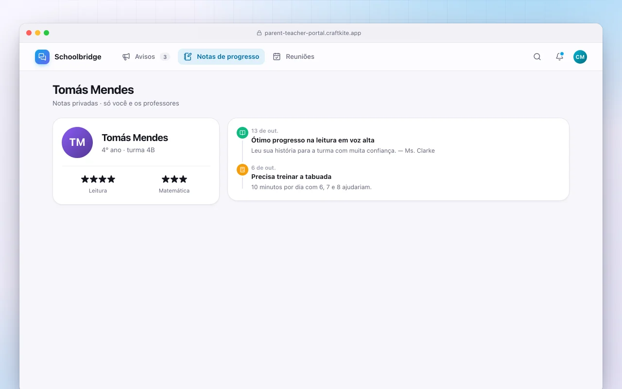 Portal de pais e professores: a tela Tomás Mendes