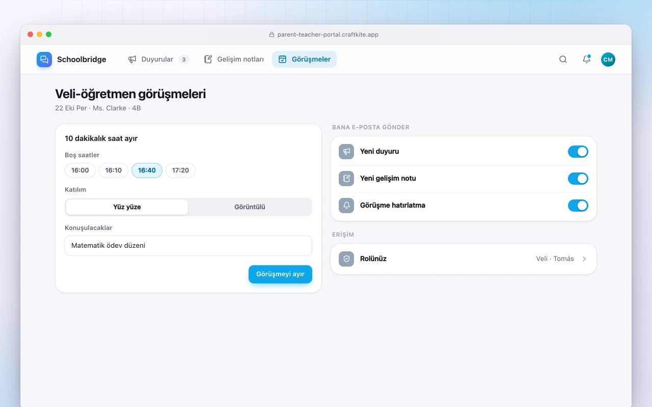 Veli ve öğretmen portalı: Veli-öğretmen görüşmeleri ekranı