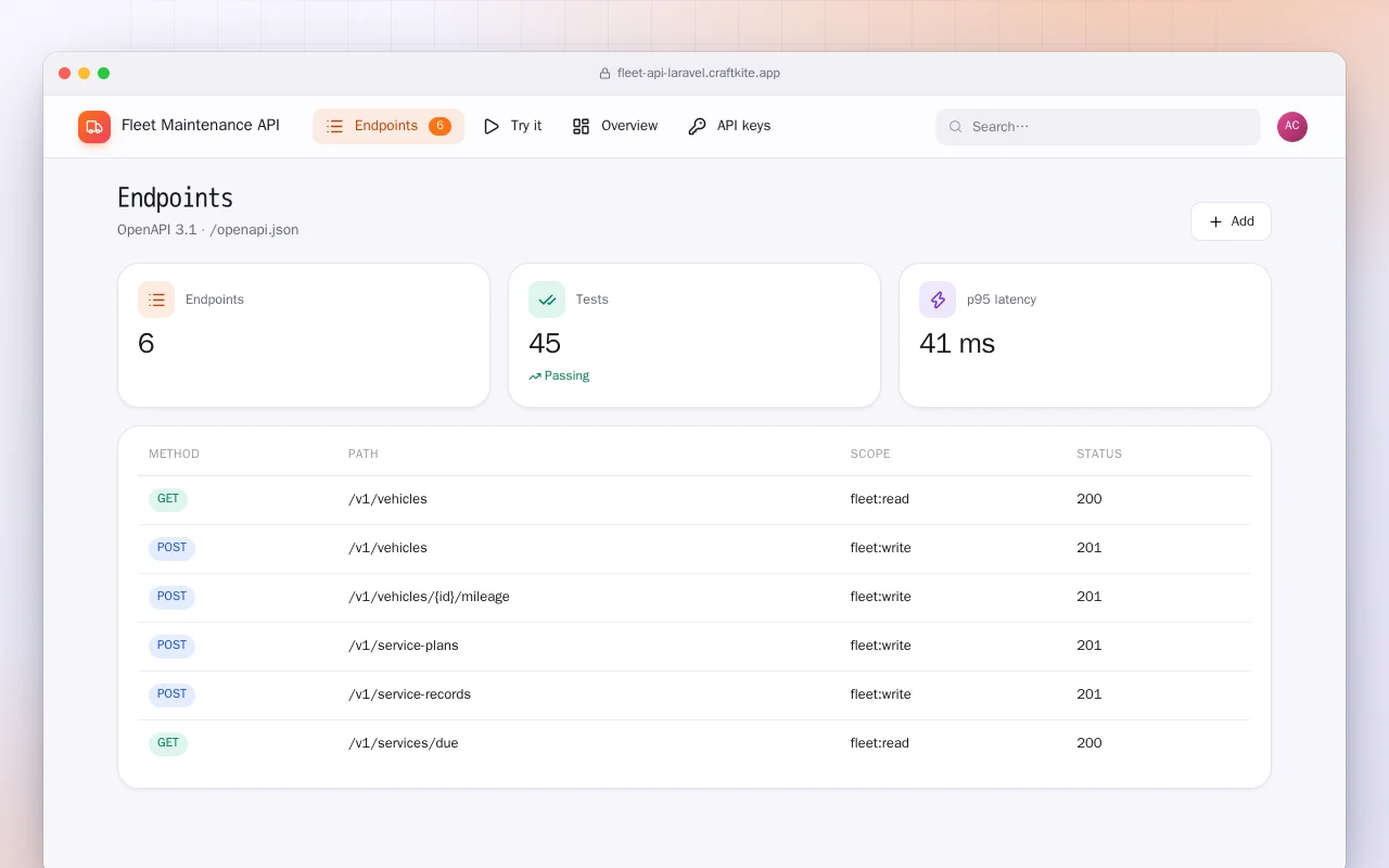 Fleet Maintenance API (Laravel): the Endpoints screen