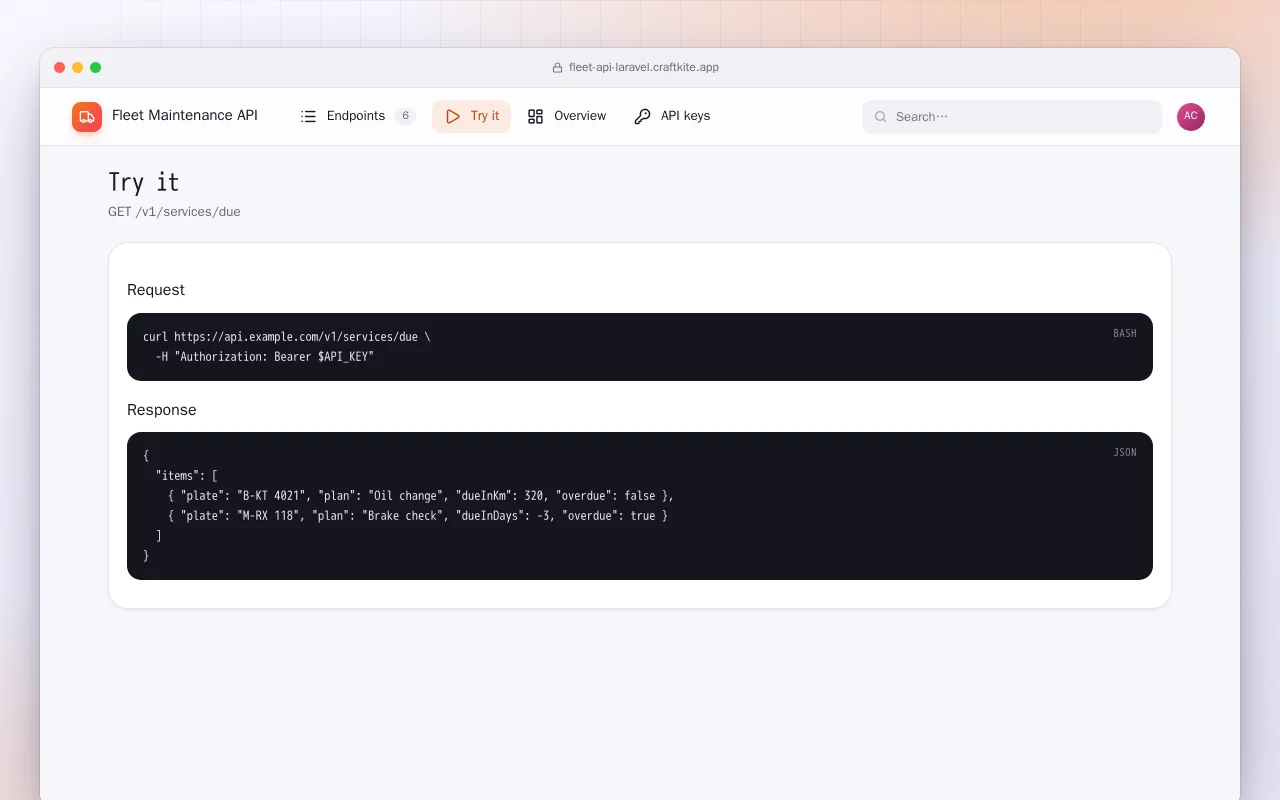 Fleet Maintenance API (Laravel): the Try it screen