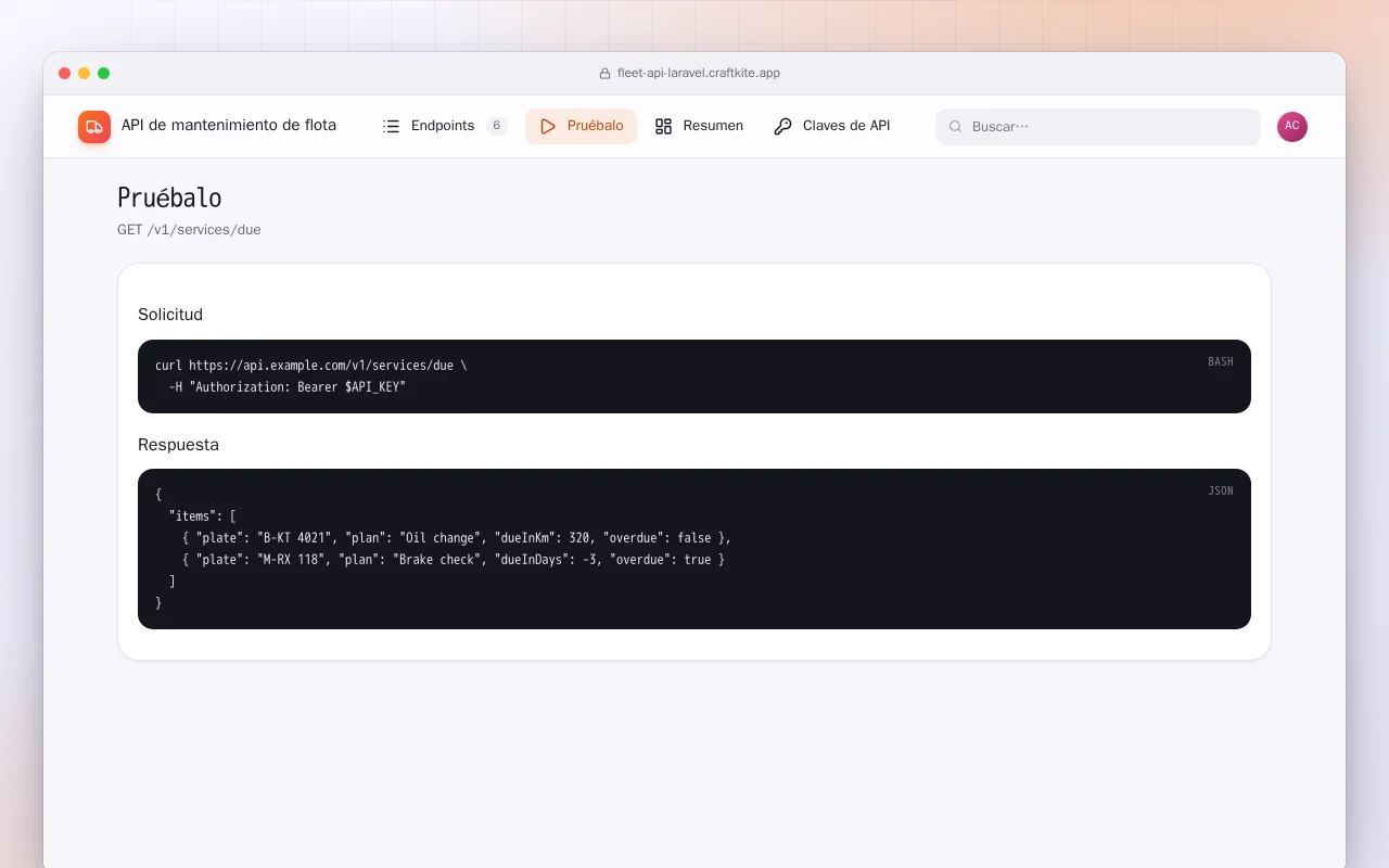 API de mantenimiento de flota (Laravel): la pantalla Pruébalo