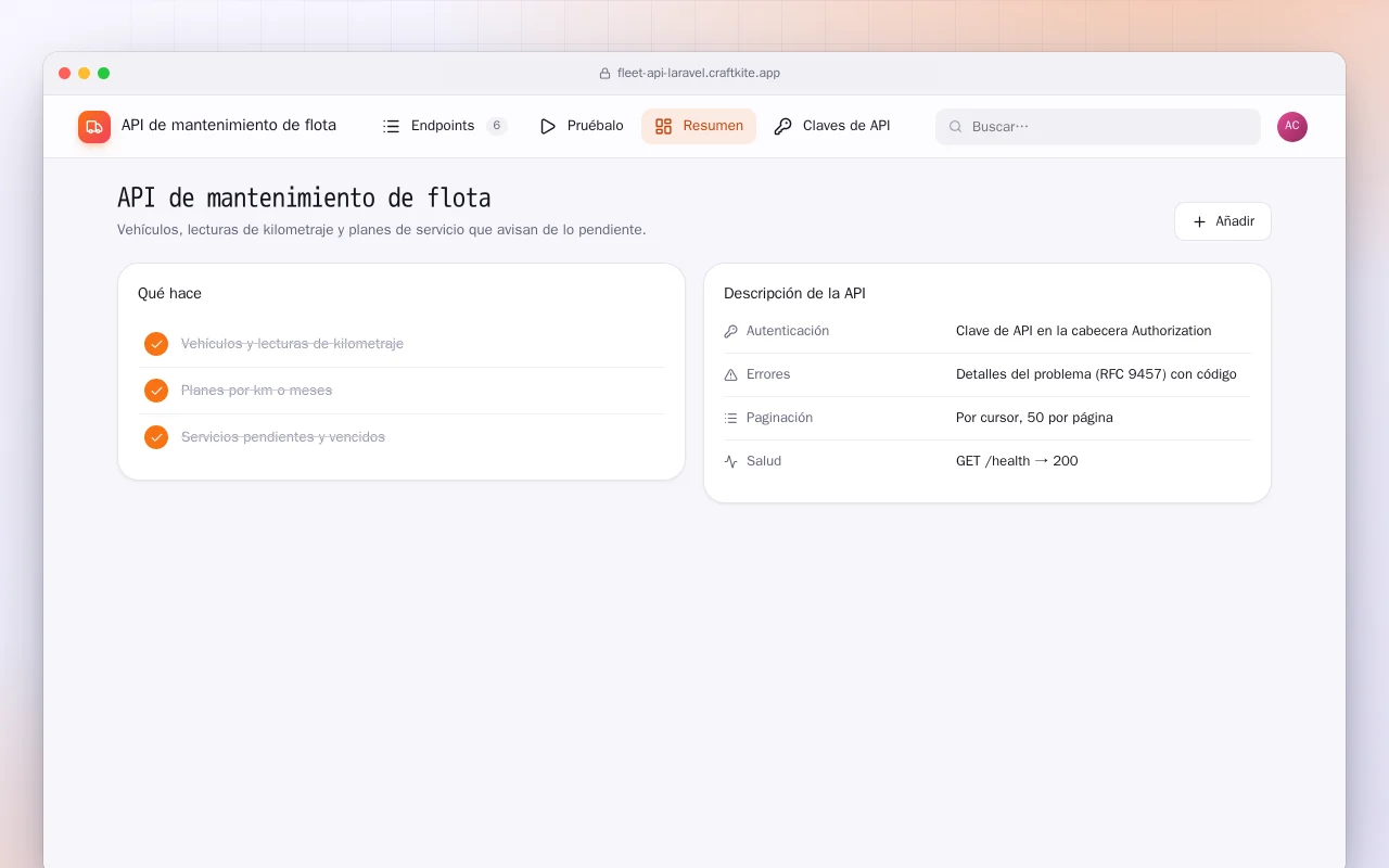 API de mantenimiento de flota (Laravel): la pantalla API de mantenimiento de flota